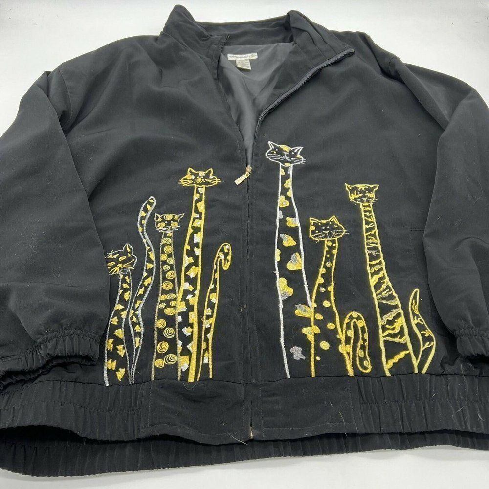 Mureli Black Womens Jacket With Cat Embroidery size Large
